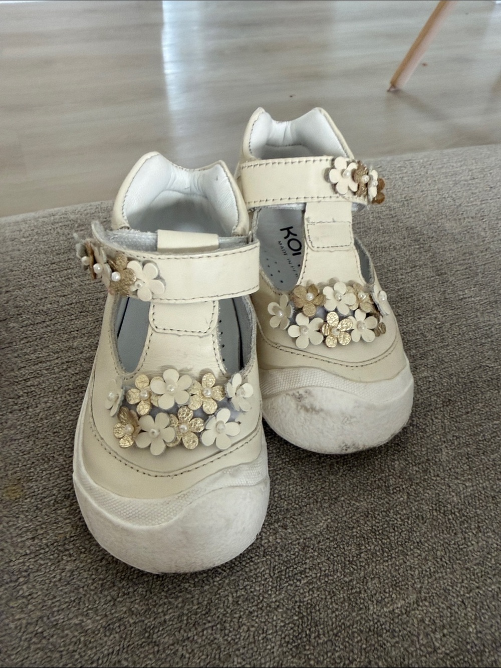koi Cream and Gold Floral T-Strap Baby Shoes